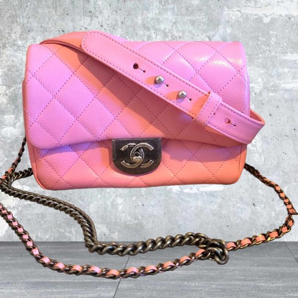 Authentic Rare Chanel Pink Goatskin Quilted Mut Waist Chain Double Lock Flap Bag - Picture 2 of 16